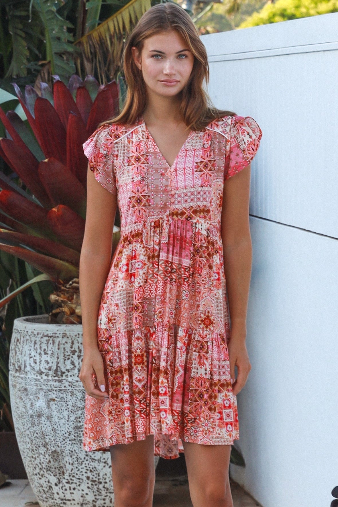 Camilla boho mini dress in rayon with button front empire waist flutter sleeves and tiered skirt Australian fashion