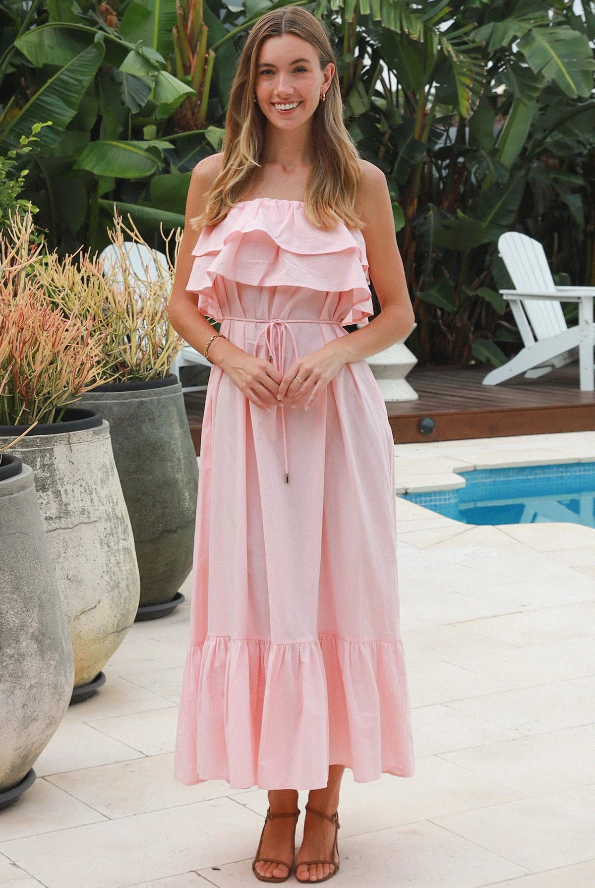 Serenity strapless pink cotton maxi dress with double frill bodice beaded waist tie and tiered hemline