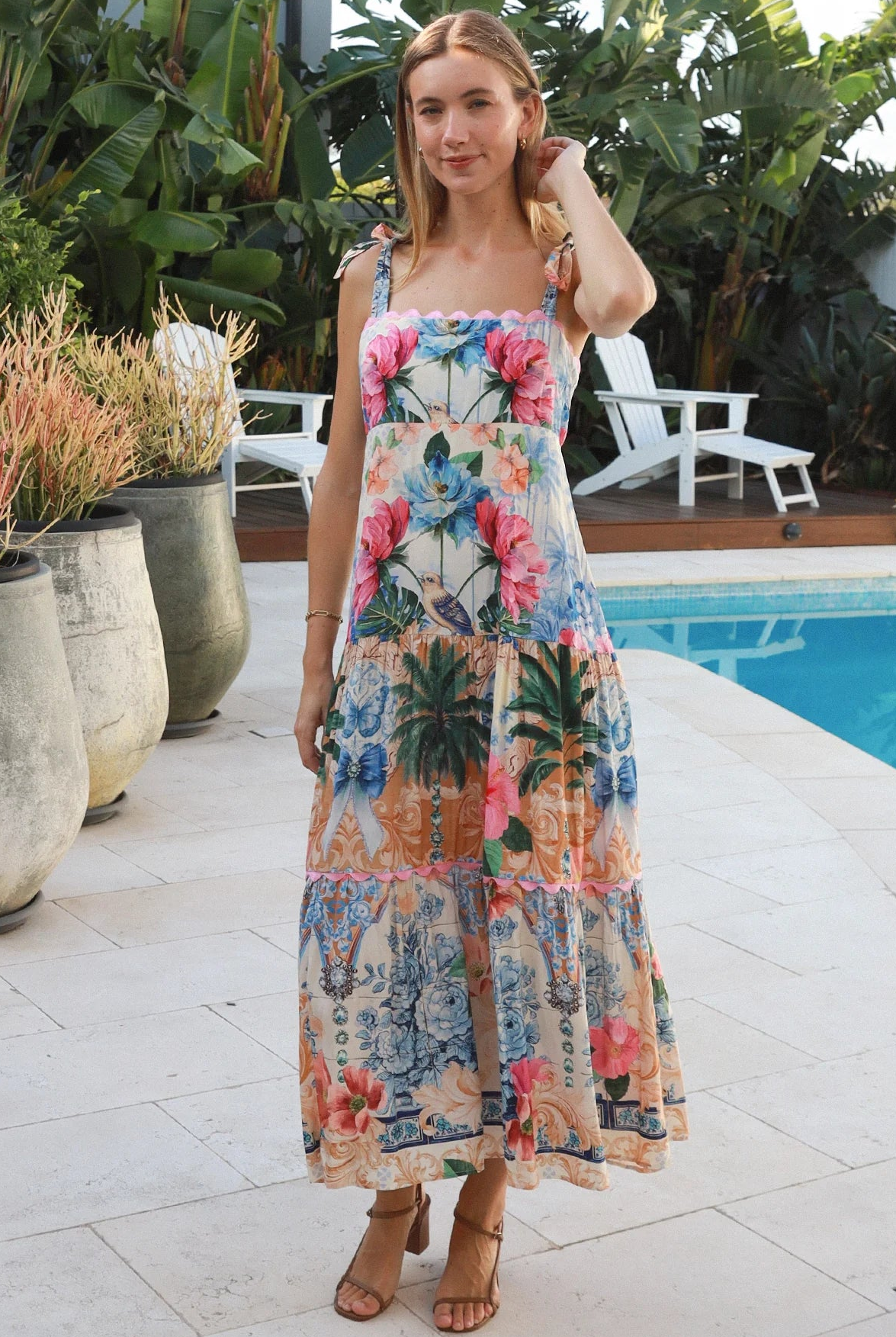 Phoebe tie shoulder boho maxi dress floral bird print empire waist shirred back 100% rayon Salty Palm