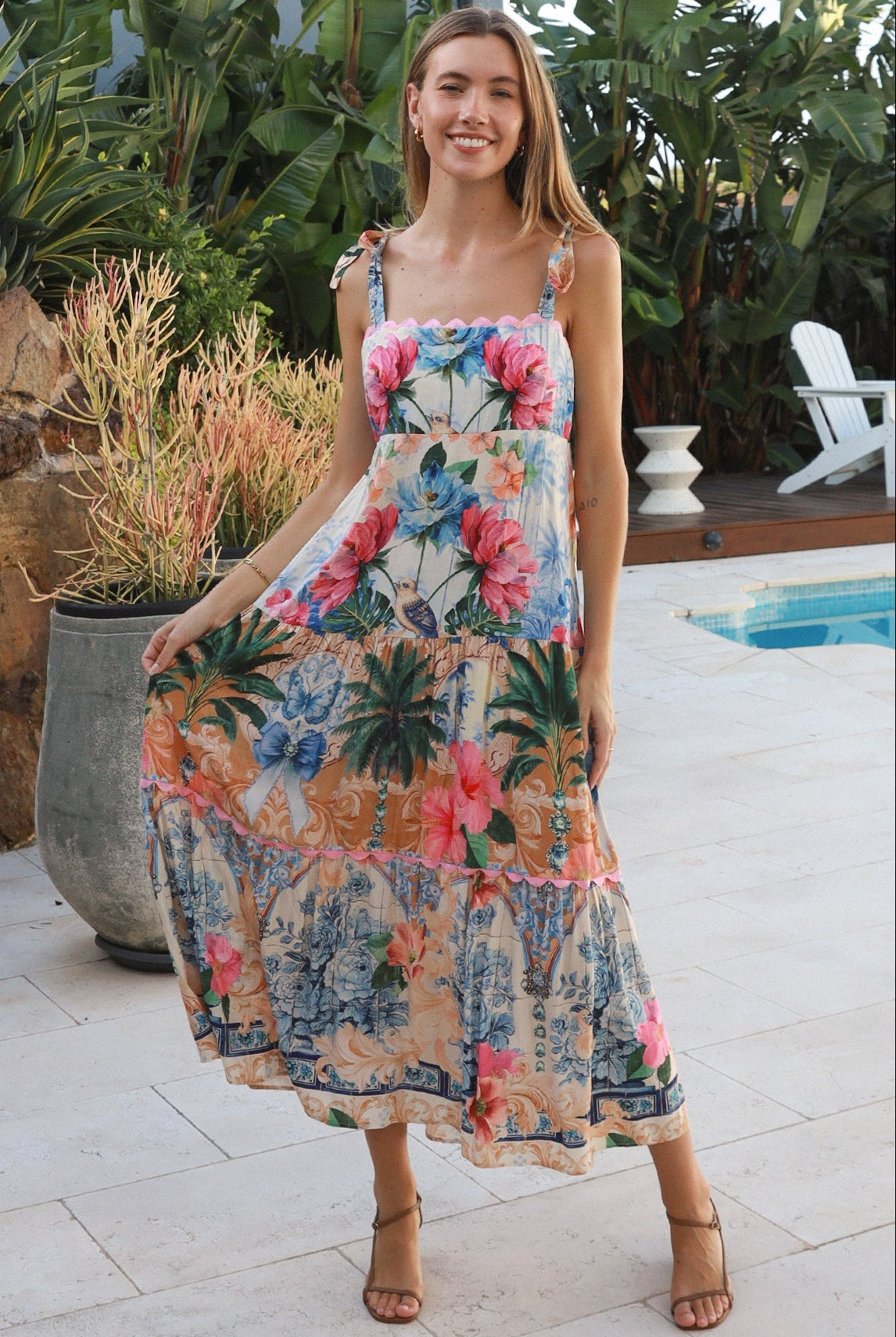 Phoebe tie shoulder boho maxi dress floral bird print empire waist shirred back 100% rayon Salty Palm