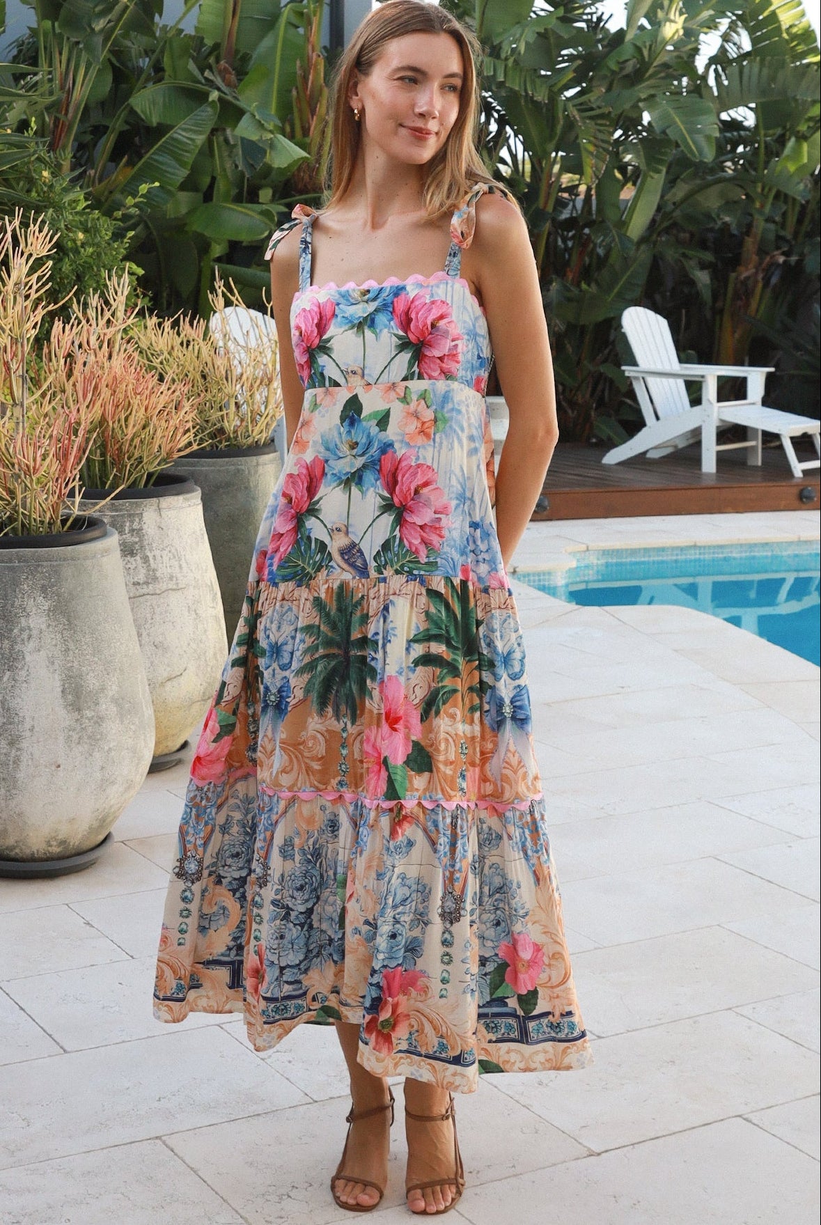 Phoebe tie shoulder boho maxi dress floral bird print empire waist shirred back 100% rayon Salty Palm