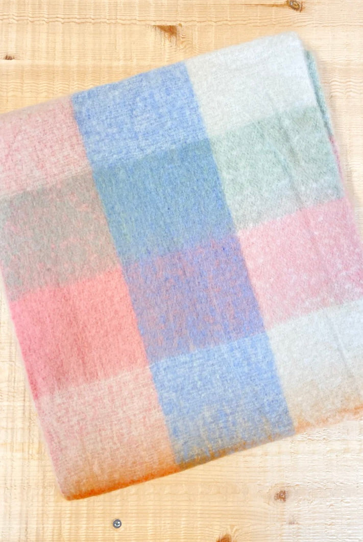 Pastel check boho winter scarf with blush, blue, and cream tones and long tassels - The Aurielle Scarf by Bohemian Love Runway