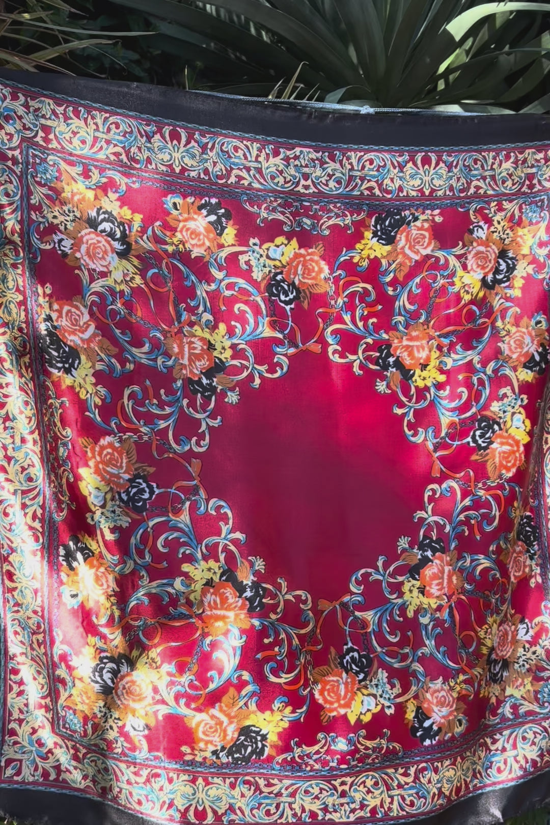 Crimson Reverie Satin Scarf with baroque gold scrolls and floral print in orange black and ivory - 90x90cm satin scarf.