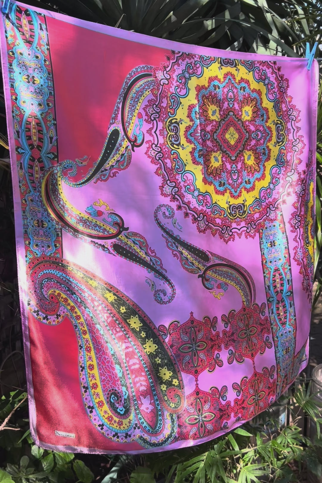 Bright silk satin scarf with paisley and mandala print in lilac, yellow, coral and teal. 90x90cm. Polyester with luxe sheen.