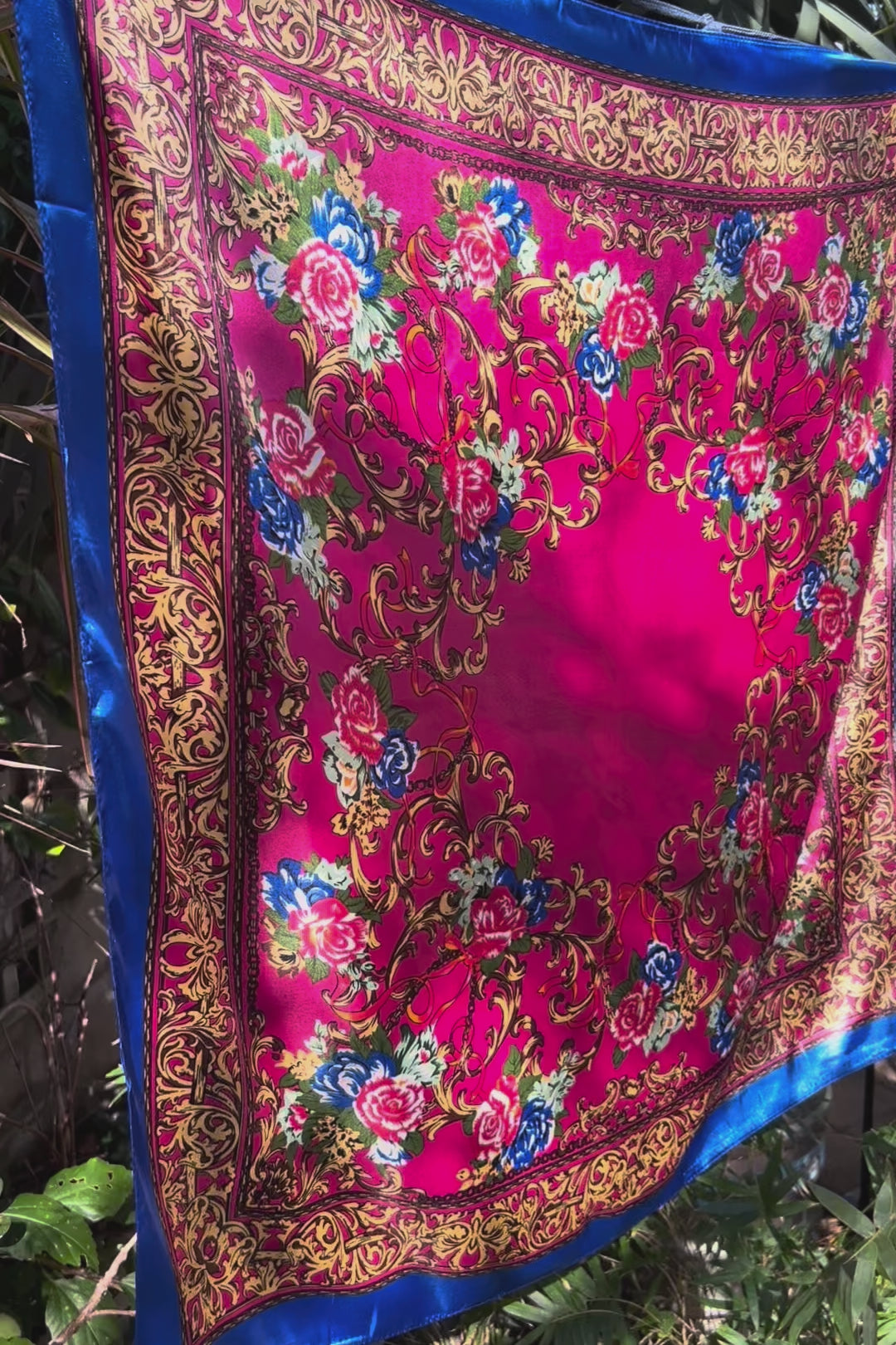 Square pink satin scarf with ornate gold filigree and red and blue floral print - Bohemian Love Runway accessory.