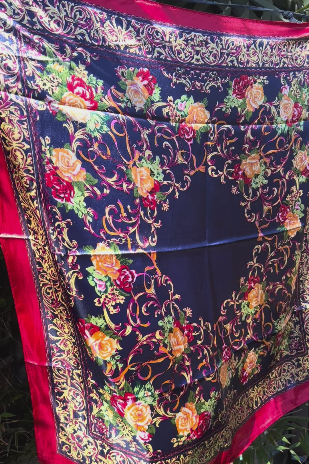 Navy satin scarf with gold baroque scrolls and floral print in red and peach - vintage boho scarf Australia.