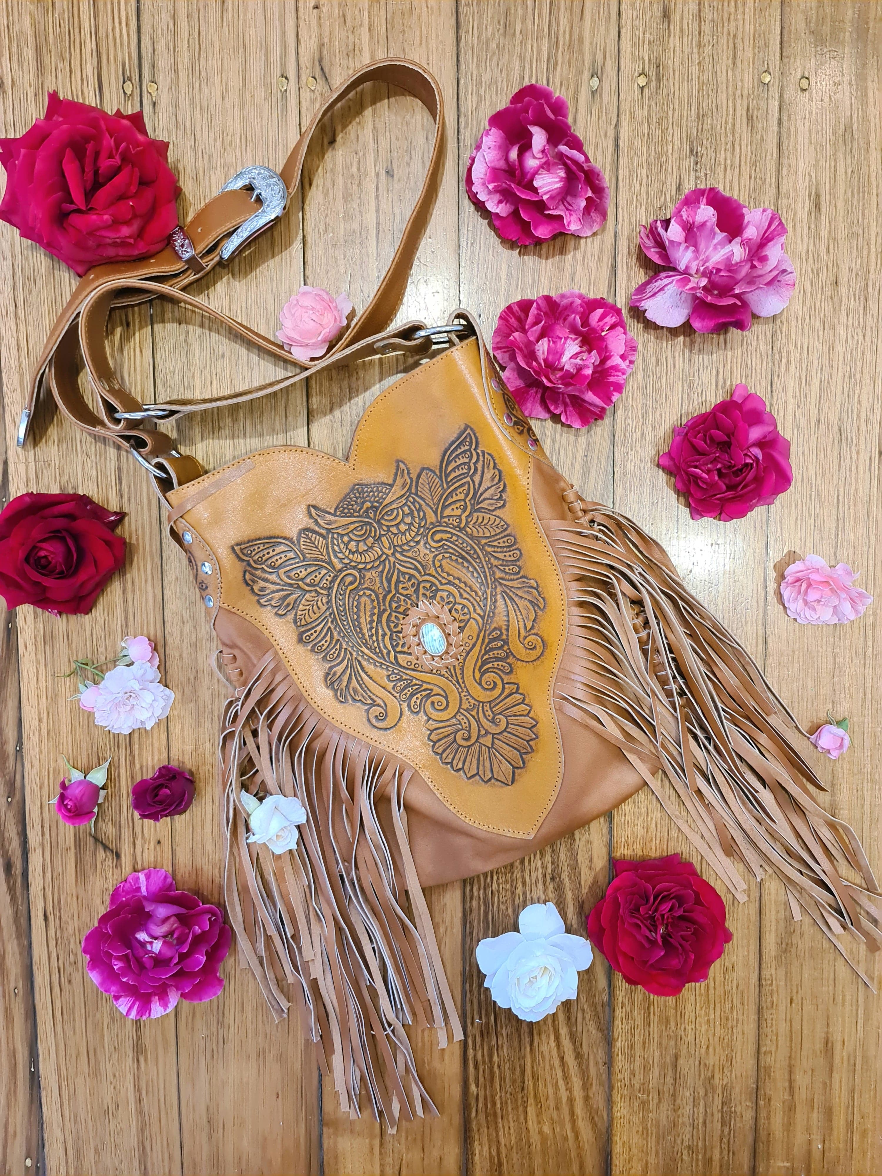CELESTIAL GYPSY | OWL CROSS BODY BAG TAN | Bohemian Love Runway