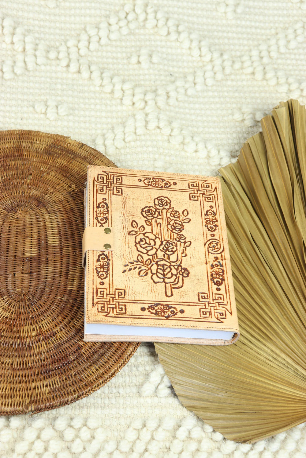 Journals Australia - Desert Rose leather journal with floral hand tooled cover and vintage clasp in soft neutral tones