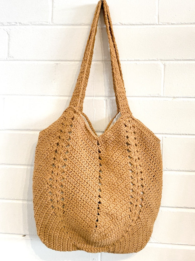 ANGELS WHISPER | EVERYDAY KNITTED CROCHET TOTE BAG TAN | Bohemian Love Runway
