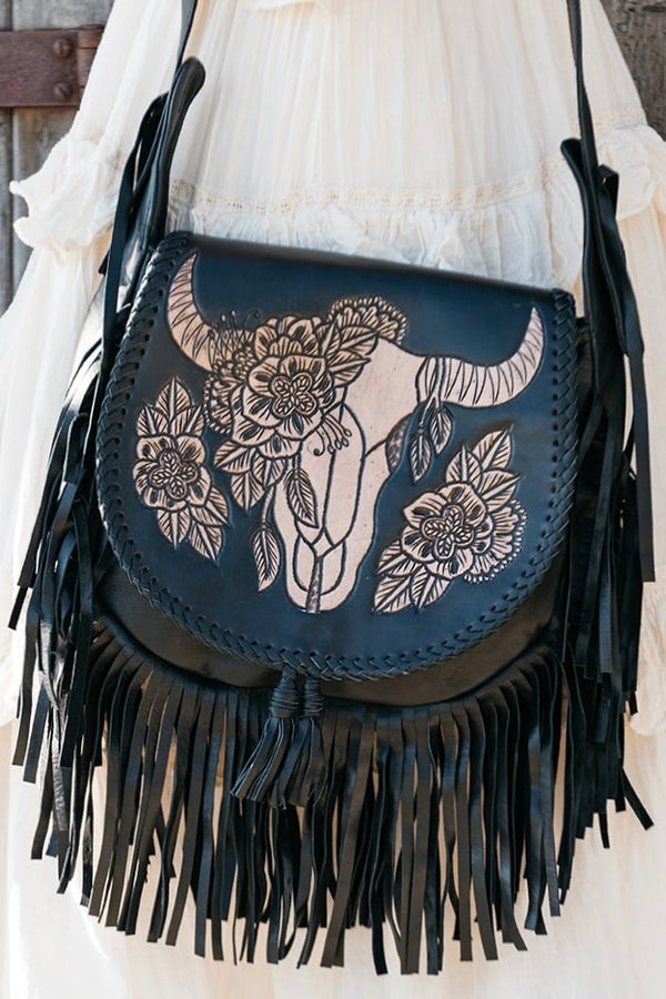 Buffalo Leather Fringe Handbag, Saddle, Small - Buffalo Boutique