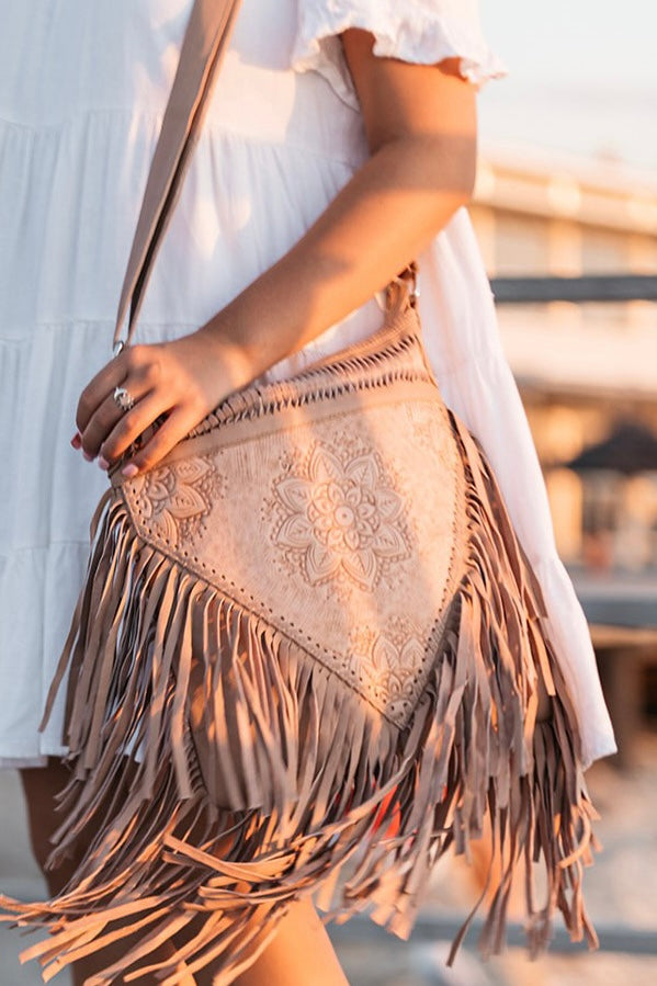 SHOE SHU | HAND TOOLED DETAILED FLOWER & FRINGE BAG BLUSH | Bohemian Love Runway