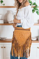 SHOE SHU | HAND TOOLED DETAILED FLOWER & FRINGE BAG TAN | Bohemian Love Runway