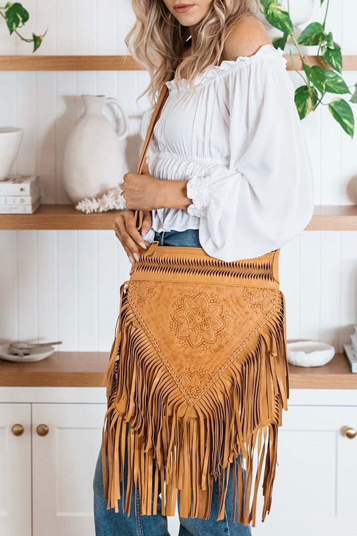 SHOE SHU | HAND TOOLED DETAILED FLOWER & FRINGE BAG TAN | Bohemian Love Runway