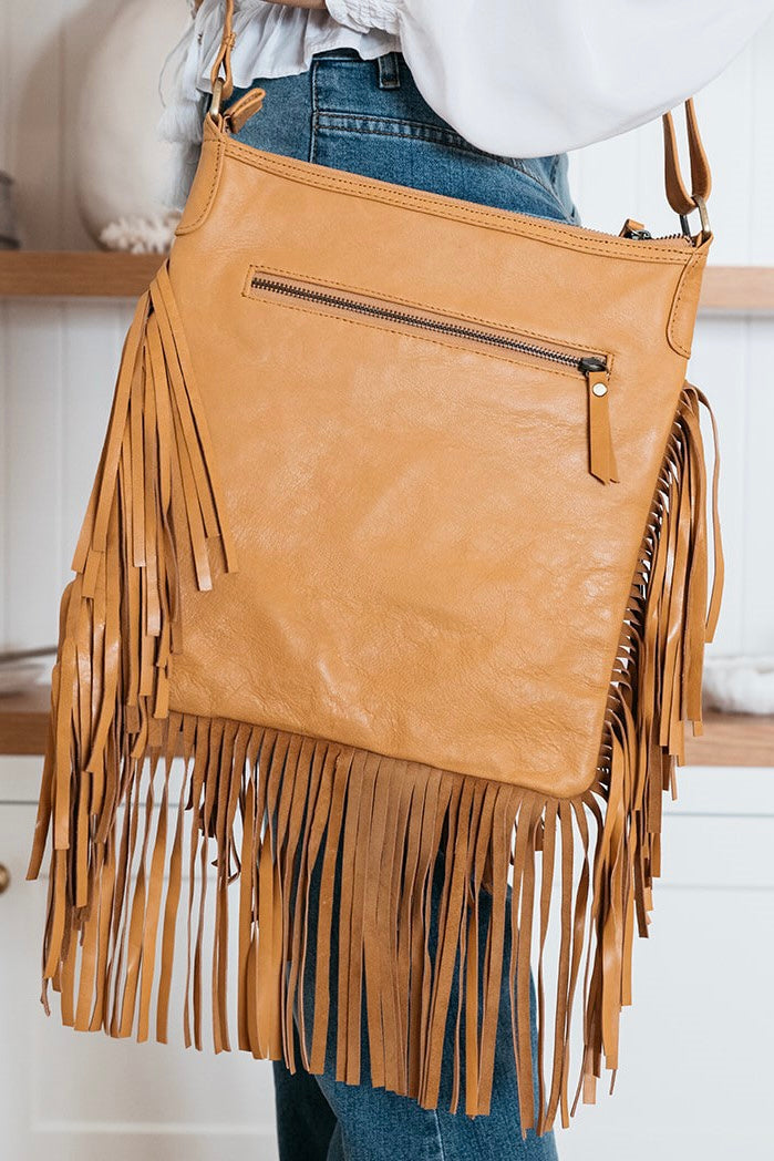 SHOE SHU | HAND TOOLED DETAILED FLOWER & FRINGE BAG TAN | Bohemian Love Runway