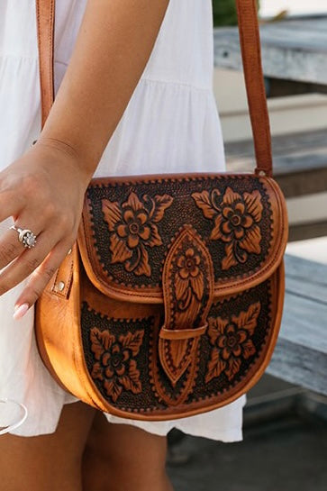 Leather Floral Tan Saddle Bag