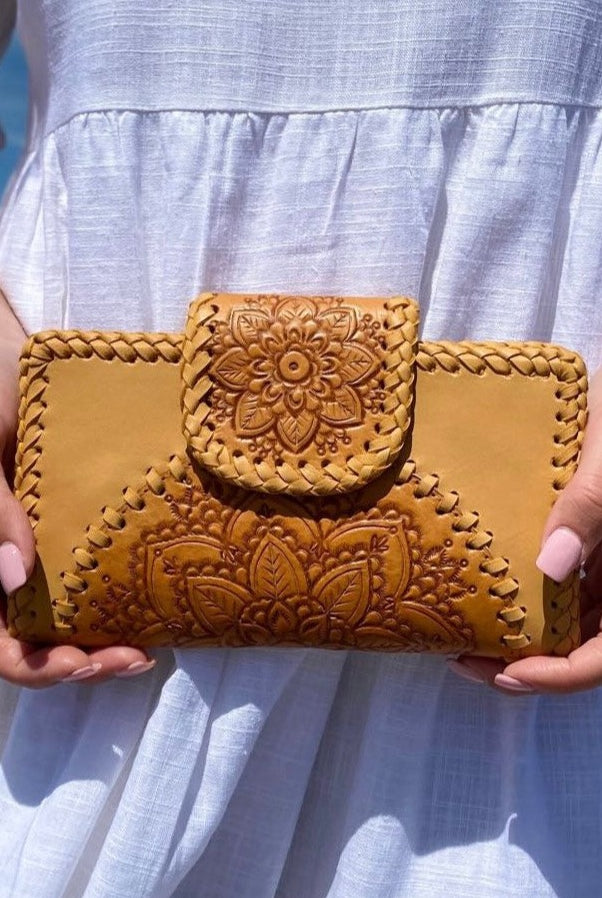 SHOE SHU | HAND TOOLED FLOWER WALLET TAN | Bohemian Love Runway