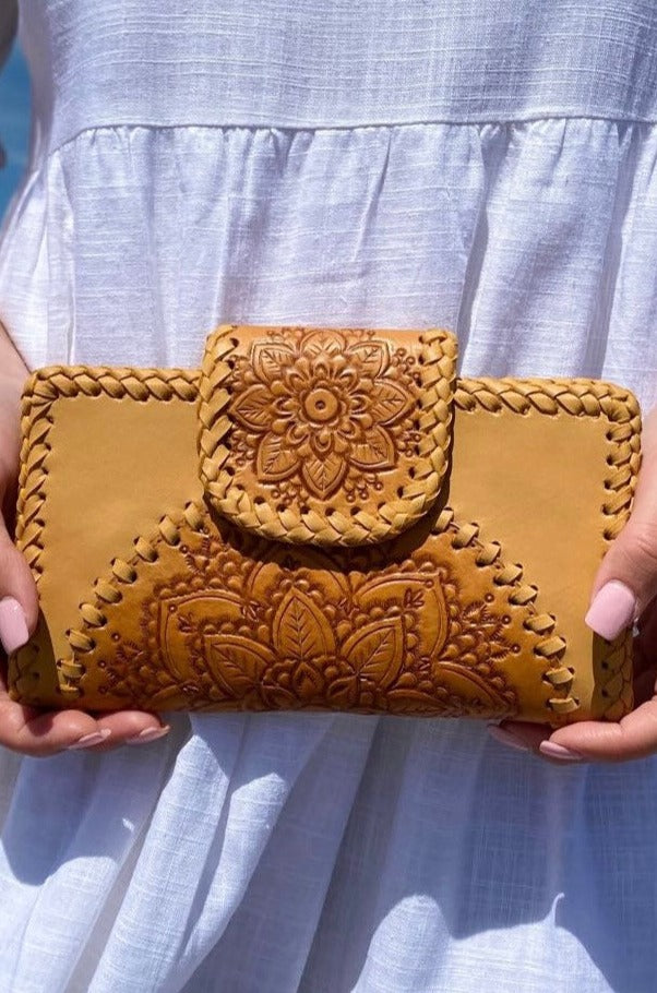 SHOE SHU | HAND TOOLED FLOWER WALLET TAN | Bohemian Love Runway