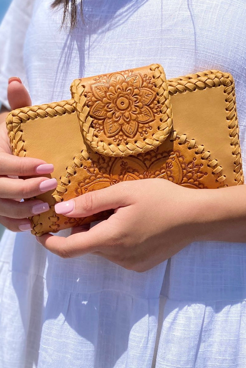 SHOE SHU | HAND TOOLED FLOWER WALLET TAN | Bohemian Love Runway