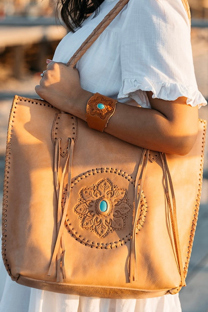 SHOE SHU | GYPSY TOTE BAG TAN | Bohemian Love Runway