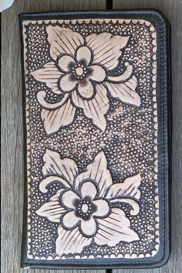 SHOE SHU | HAND TOOLED FLOWER FLAT WALLET VINTAGE BLACK | Bohemian Love Runway