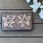 SHOE SHU | HAND TOOLED FLOWER FLAT WALLET VINTAGE BLACK | Bohemian Love Runway