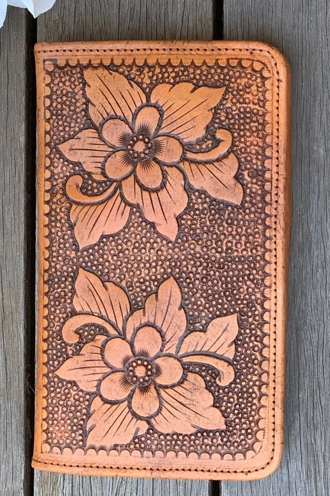 SHOE SHU | HAND TOOLED FLOWER FLAT WALLET VINTAGE BROWN | Bohemian Love Runway