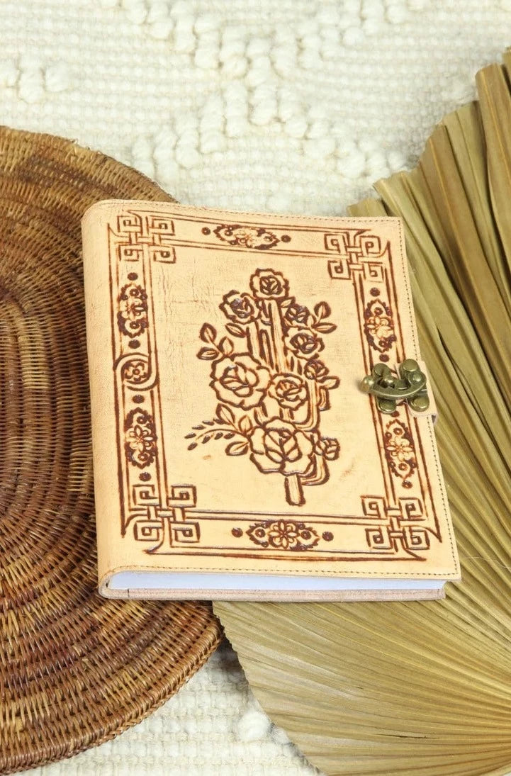 Journals Australia - Desert Rose leather journal with floral hand tooled cover and vintage clasp in soft netral tones
