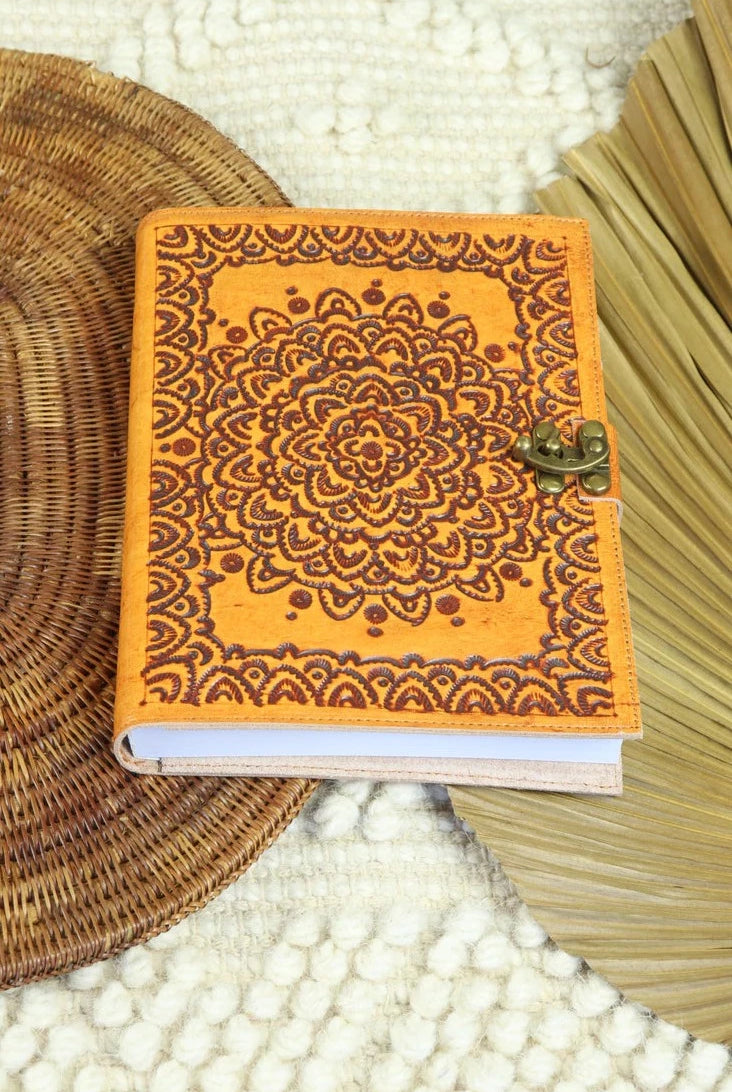 Journals Australia - hand tooled mandala leather journal in golden tan with vintage clasp and cotton paper.