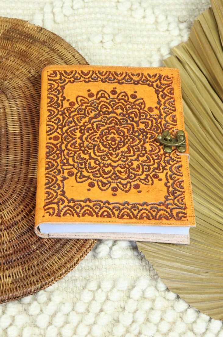 Journals Australia - hand tooled mandala leather journal in golden tan with vintage clasp and cotton paper.
