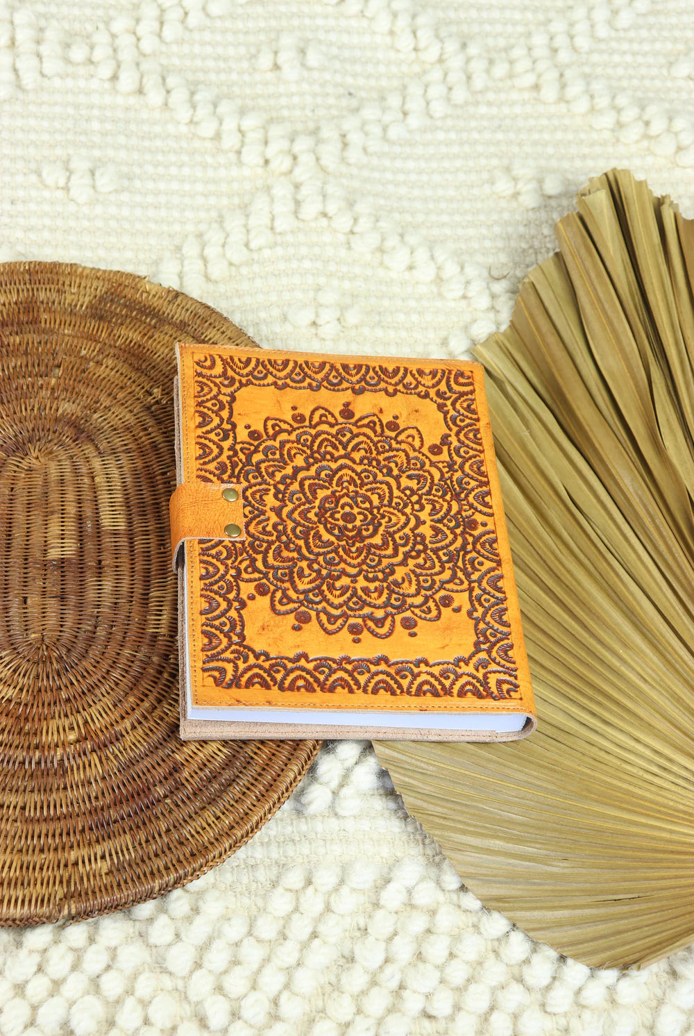 Journals Australia - hand tooled mandala leather journal in golden tan with vintage clasp and cotton paper.