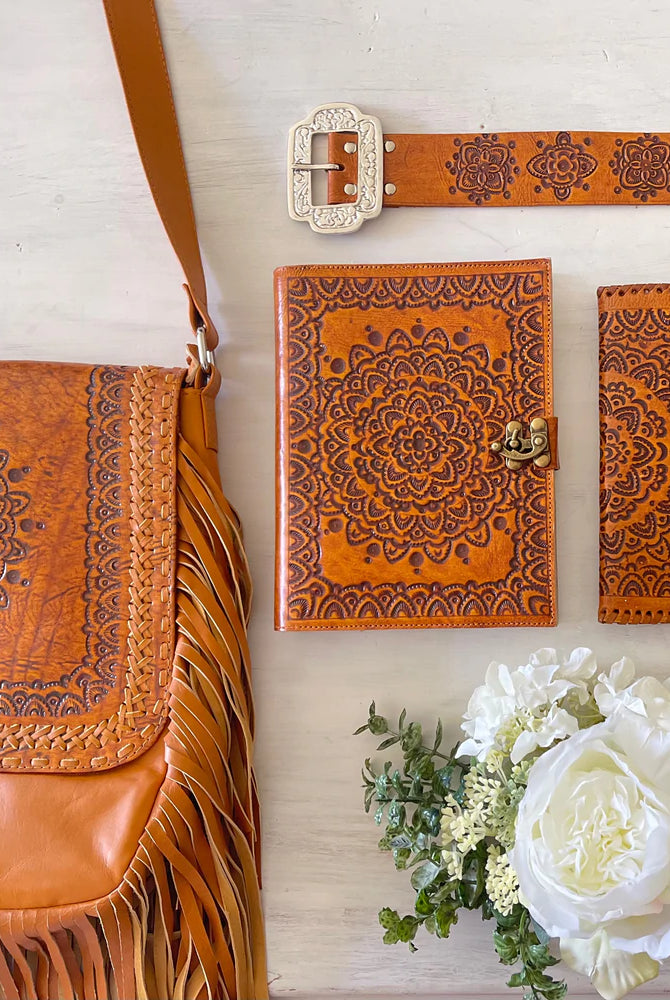 Journals Australia - hand tooled mandala leather journal in golden tan with vintage clasp and cotton paper.