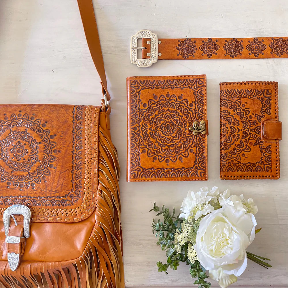 Journals Australia - hand tooled mandala leather journal in golden tan with vintage clasp and cotton paper.
