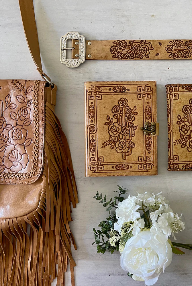 Journals Australia - Desert Rose leather journal with floral hand tooled cover and vintage clasp in soft neutral tones