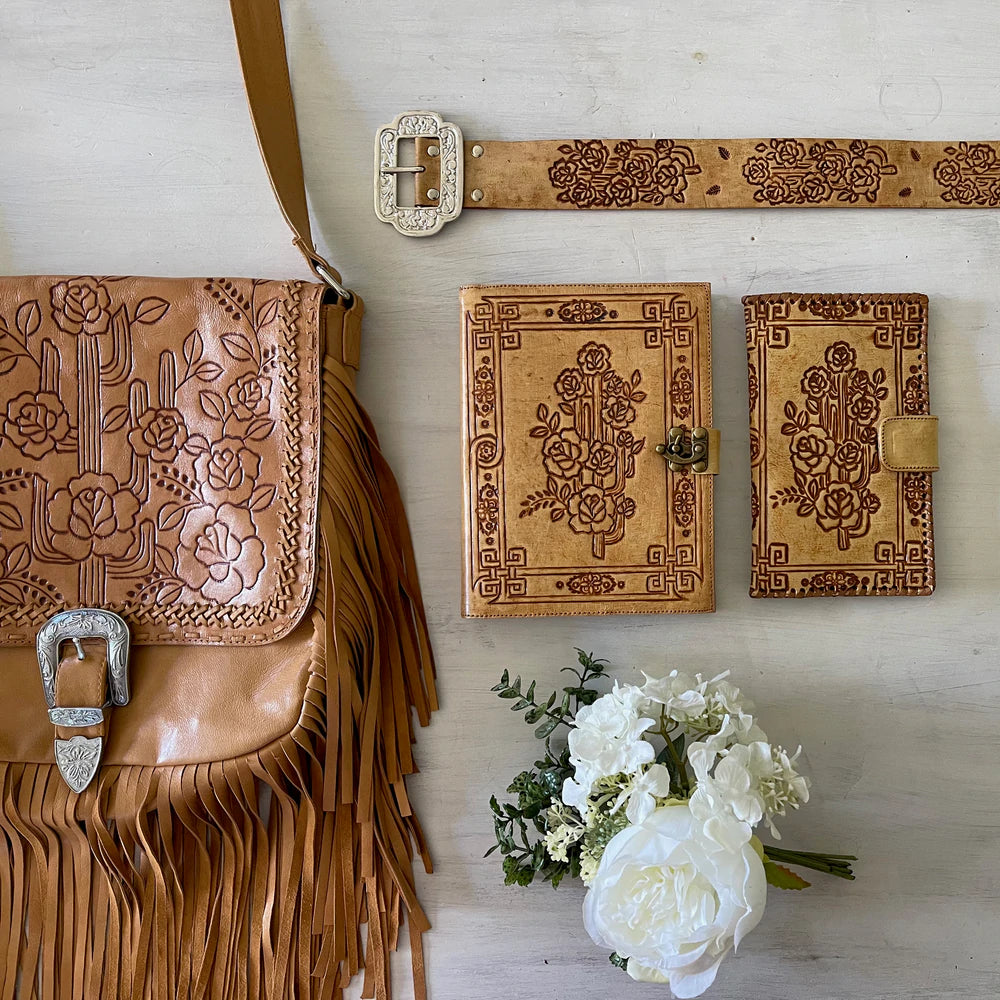 Journals Australia - Desert Rose leather journal with floral hand tooled cover and vintage clasp in soft neutral tones