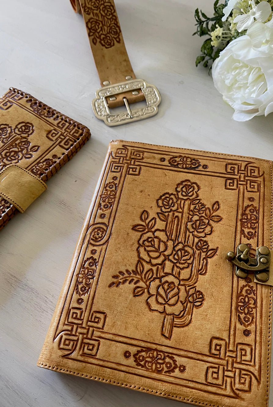 Journals Australia - Desert Rose leather journal with floral hand tooled cover and vintage clasp in soft neutral tones