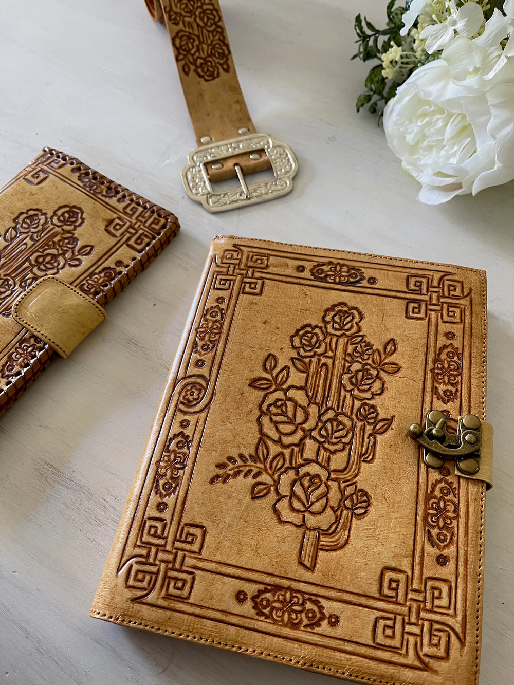Journals Australia - Desert Rose leather journal with floral hand tooled cover and vintage clasp in soft neutral tones