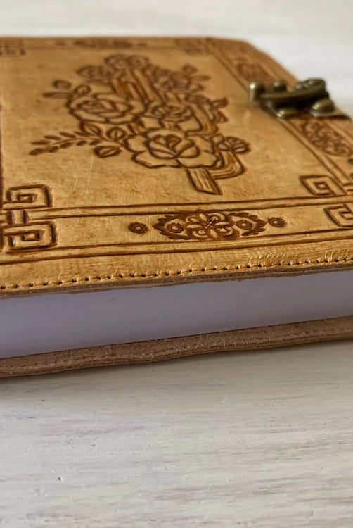 Journals Australia - Desert Rose leather journal with floral hand tooled cover and vintage clasp in soft neutral tones