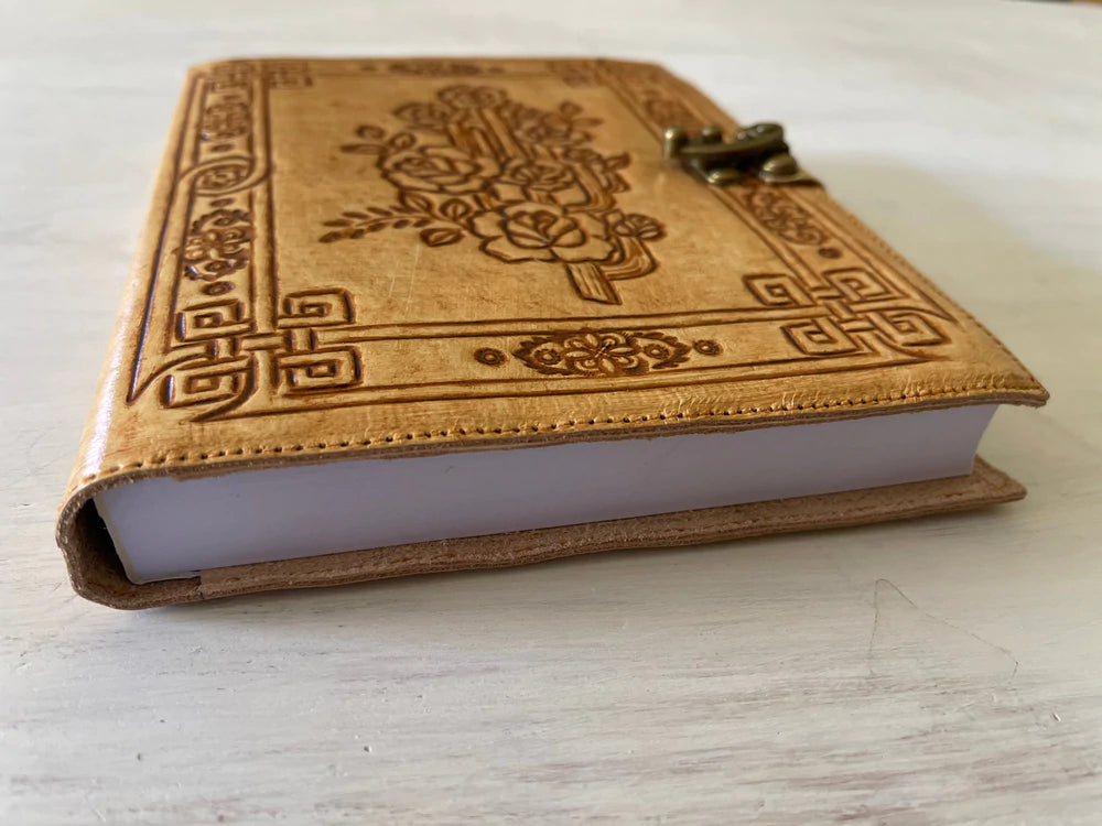 Journals Australia - Desert Rose leather journal with floral hand tooled cover and vintage clasp in soft neutral tones