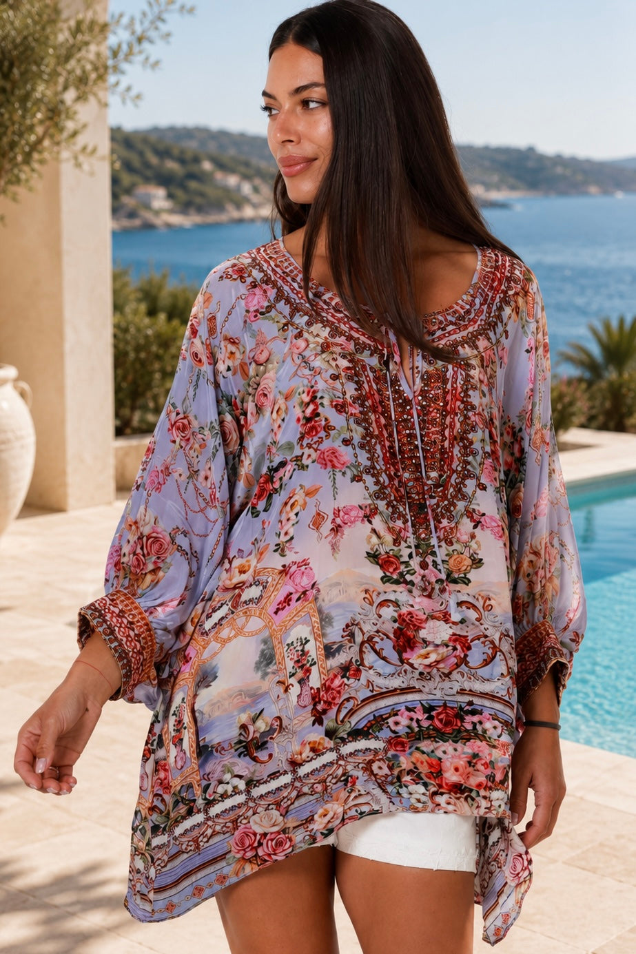 Clara embellished lavender viscose crepe boho tunic blouse with rhinestone neckline by Peacock Feather