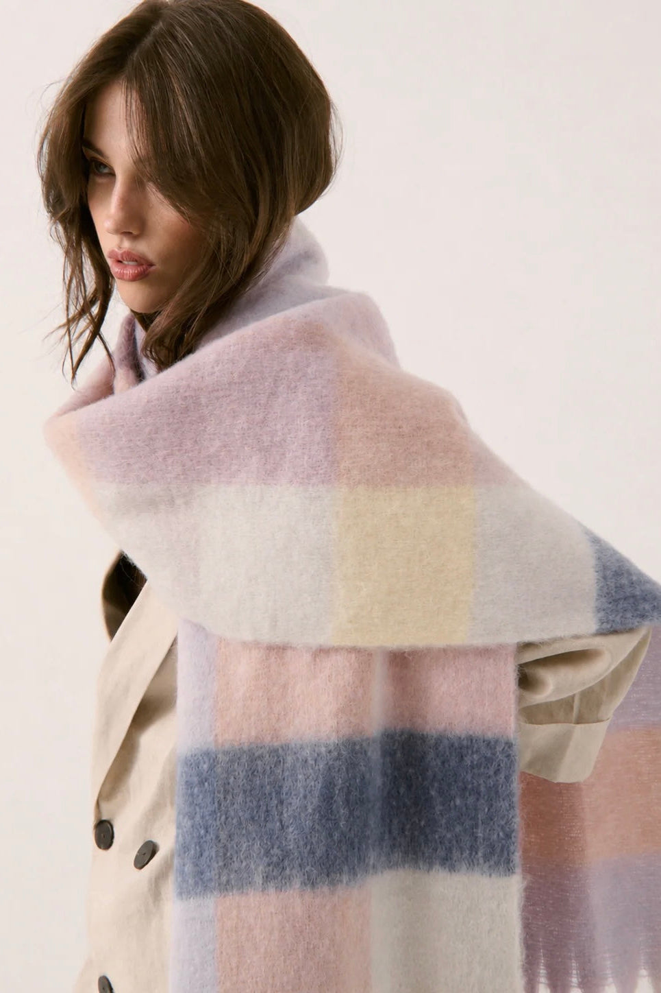 Penelope oversized fluffy winter scarf in pink, cream and blue with long fringed ends