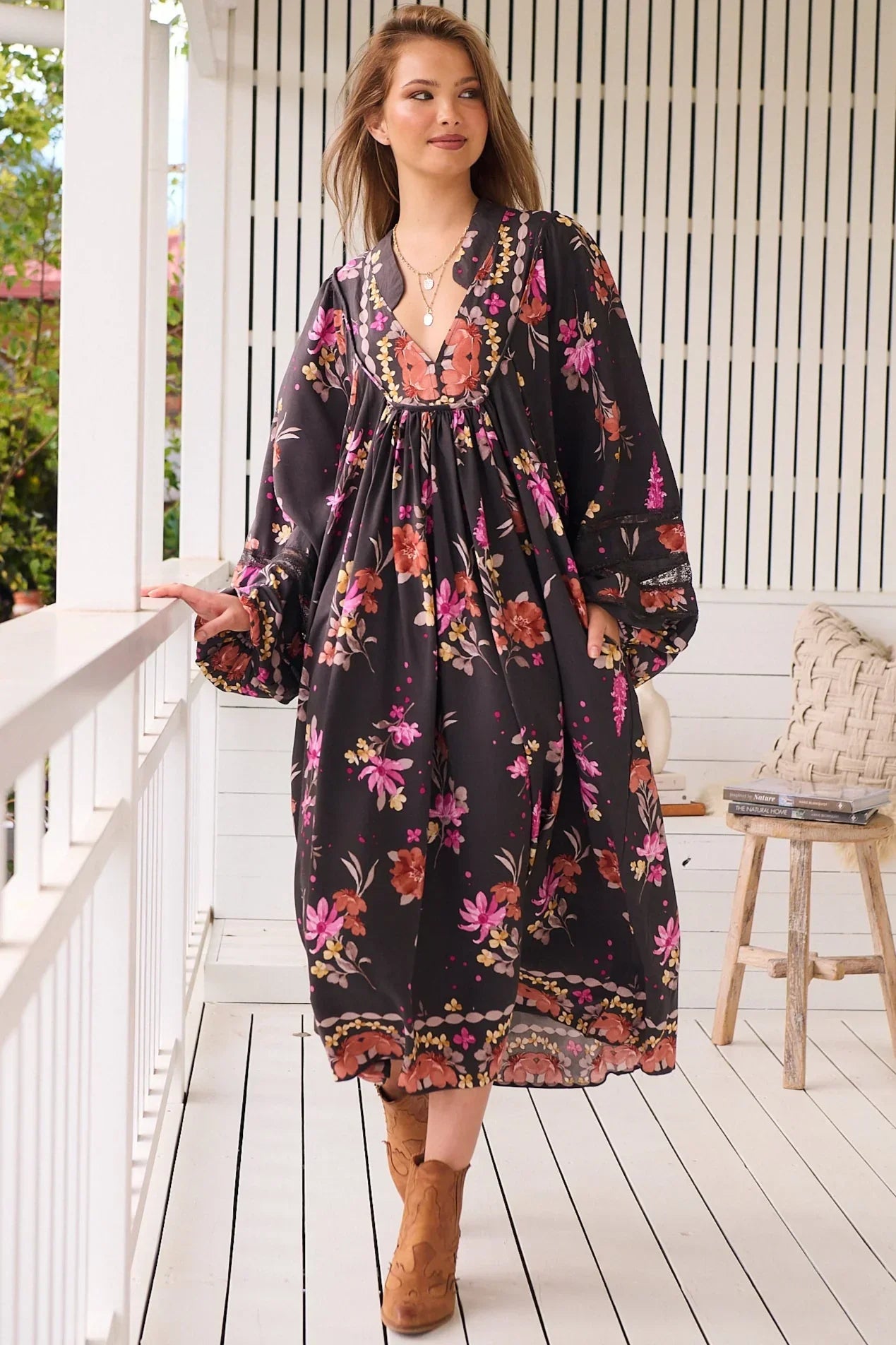 Boho dress collection styled for Perth - model in floral maxi dress outdoors.