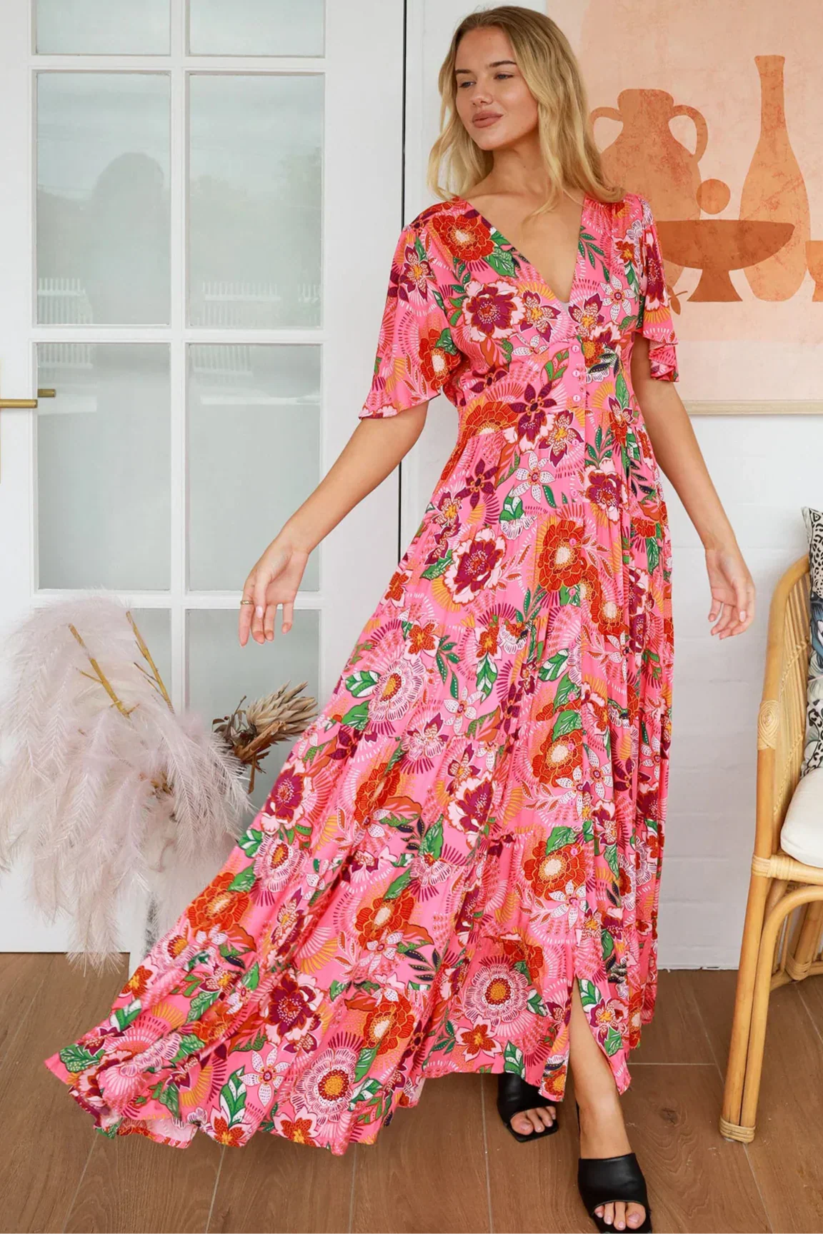 Model wearing floral gypsy boho dress - Bohemian fashion Australia.