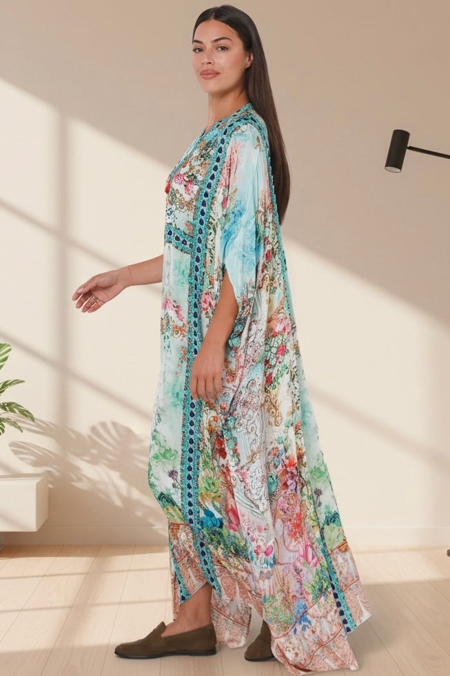 Mirage Kaftan Aqua Bloom bohemian floral viscose crepe kaftan with rhinestones