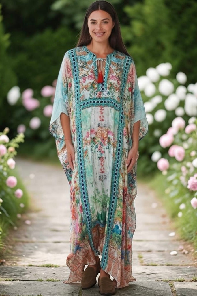 Mirage Kaftan Aqua Bloom bohemian floral viscose crepe kaftan with rhinestones