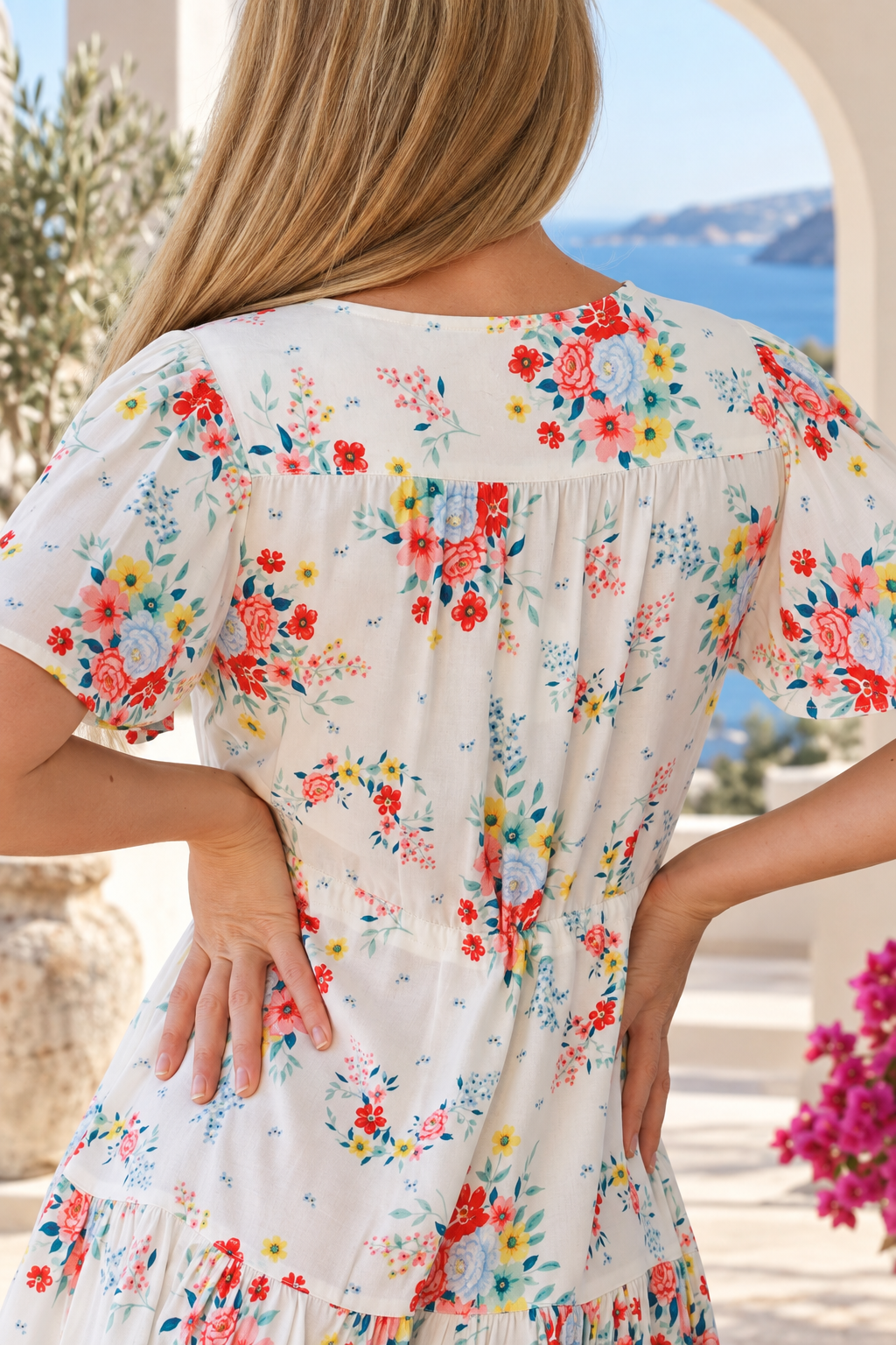 Salty Palm ivory floral boho mini dress in rayon with V-neck, flutter sleeves, drawstring waist and oversized frill hem