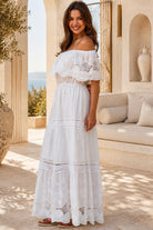 Rose white embroidered cotton maxi dress with off-shoulder floral lace, tiered skirt and scalloped rose hem