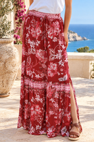 Claudette floral boho maxi skirt in ruby red, blush pink and ivory with border print, elastic waist and side splits