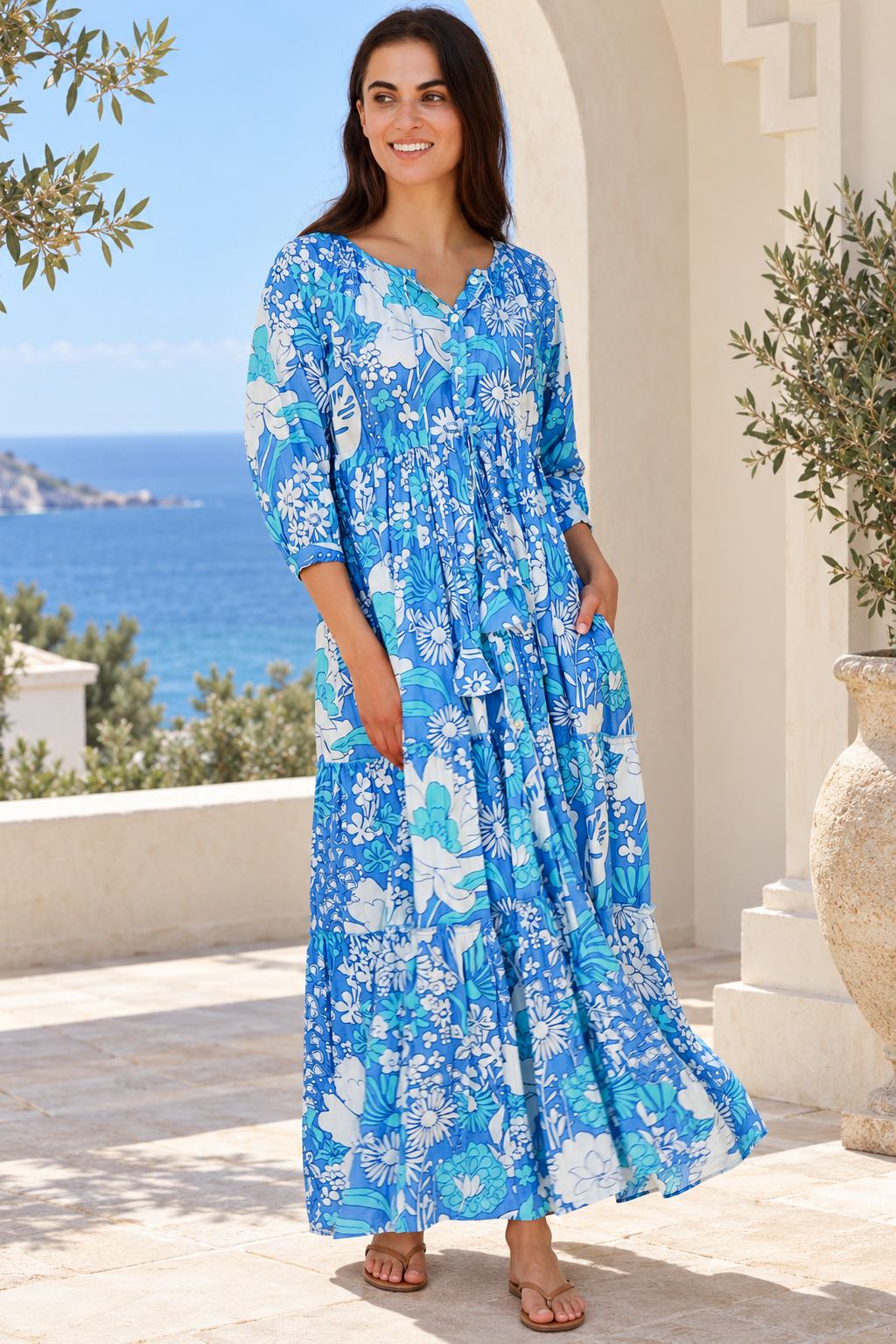 Emerson Cotton Maxi Dress Rory Blue with vintage blue floral print, button front, tassel drawstring waist and tiered skirt