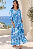 Emerson Cotton Maxi Dress Rory Blue with vintage blue floral print, button front, tassel drawstring waist and tiered skirt