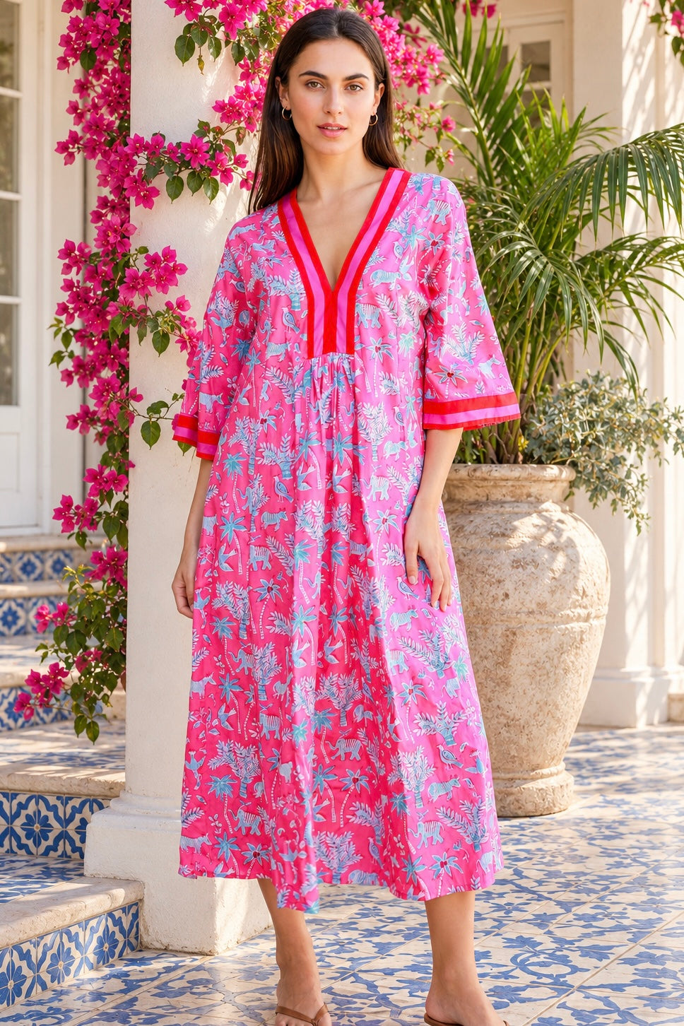 Sanctuary Pluto Pink cotton boho midi dress with turquoise wildlife block print, V-neckline and contrast trim